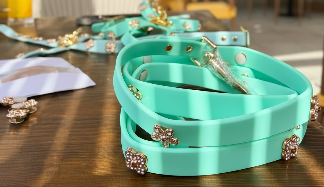 Turquoise bracelets with decorative elements on a wooden table