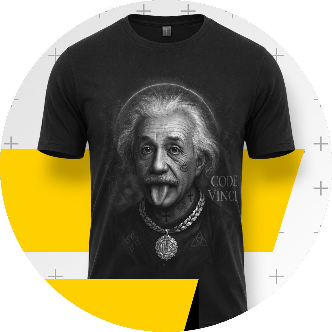 A black short-sleeve t-shirt featuring a detailed black and white graphic print of Albert Einstein sticking out his tongue, with the text 'CODE VINCI' on the right side of the chest. The t-shirt is presented on a circular white background with yellow graphic accents.