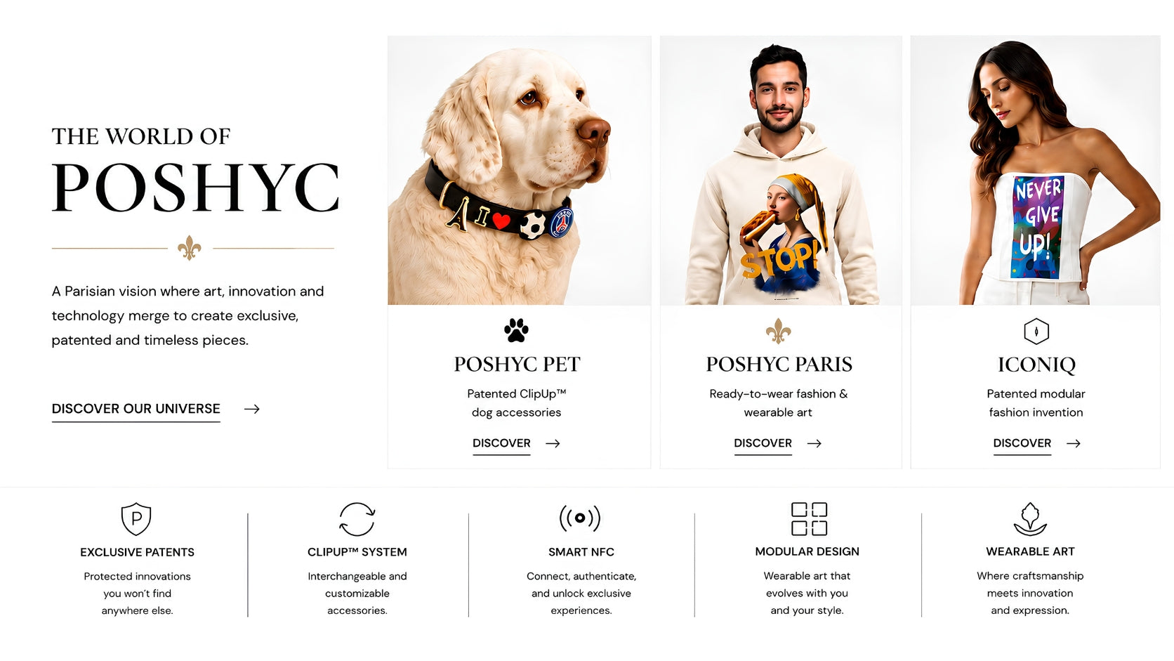Promotional image for POSHYC featuring a dog, a person, and a woman with branded merchandise.