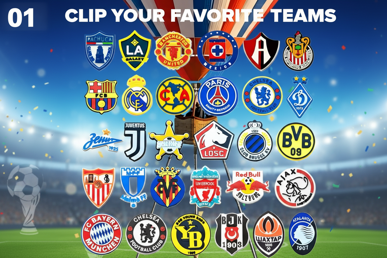 Collection of soccer team logos on a red collar with a sports ball, set against a stadium background.