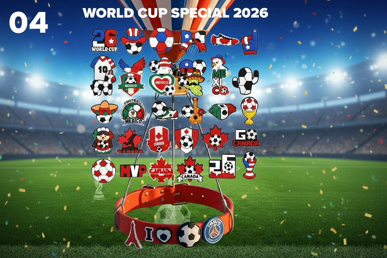 Collection of soccer-themed items with various designs on a sports field background, featuring 'World Cup Special 2026' text.