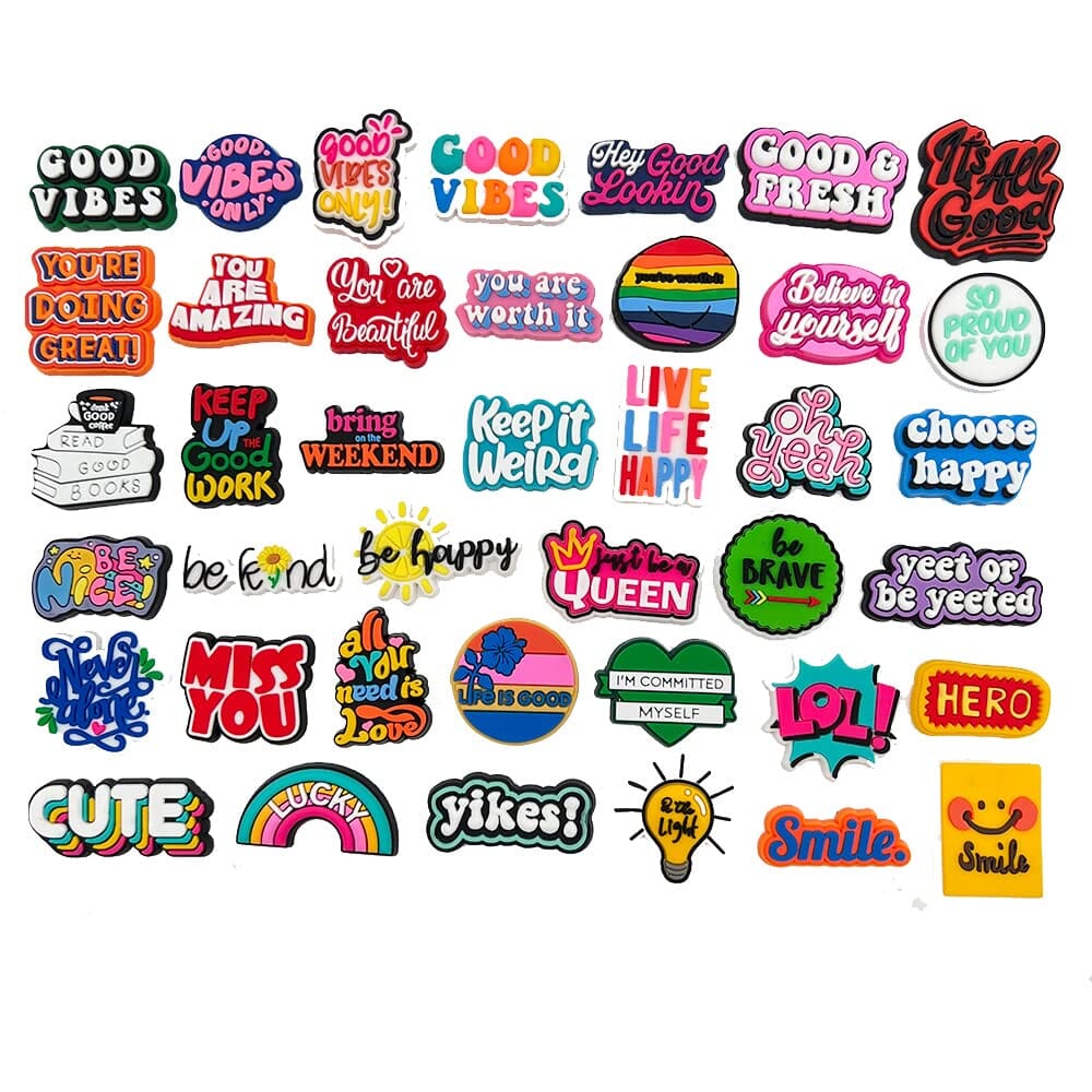 40 PCS/pack Lucky English Alphabet Cartoon Inspirational Letters Cute Good Vibes Shoes Decorations Charms, Fit for Teen Kids Boys Girls Adult Birthday Party Gifts ,Kid Toy for PVC Sandals Clogs Decoration Charms for ClipUp POSHYC 